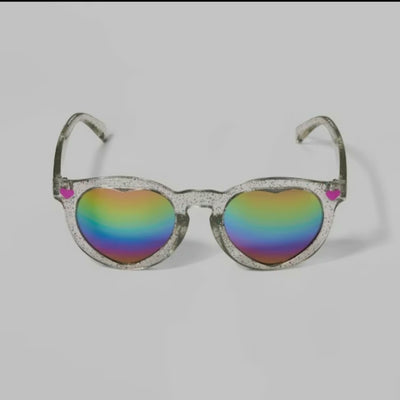 Cat & Jack Girls' Heart Lens Glitter Rainbow Round Clear Sunglasses