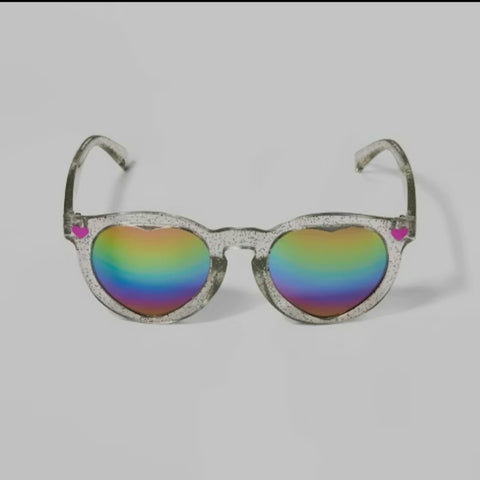 Cat & Jack Girls' Heart Lens Glitter Rainbow Round Clear Sunglasses