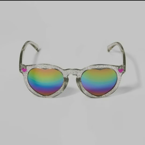 Cat & Jack Girls' Heart Lens Glitter Rainbow Round Clear Sunglasses